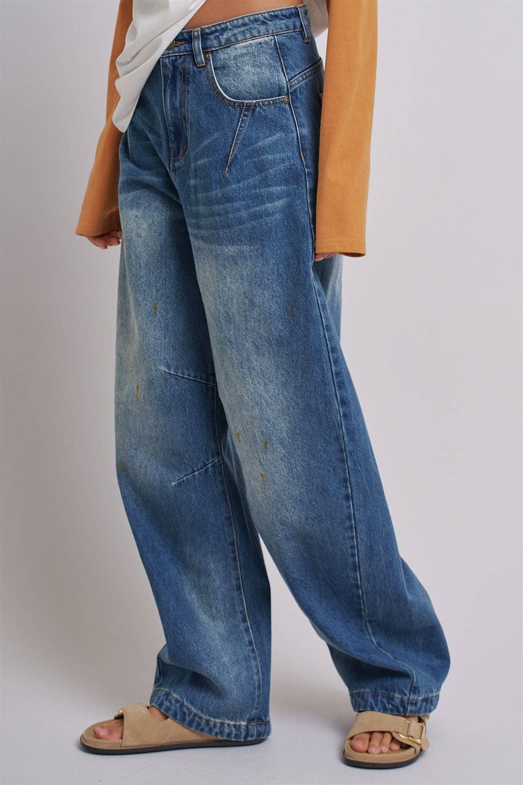 Retro Fade Wide-Leg Barrel Jeans: Denim / S-M-L