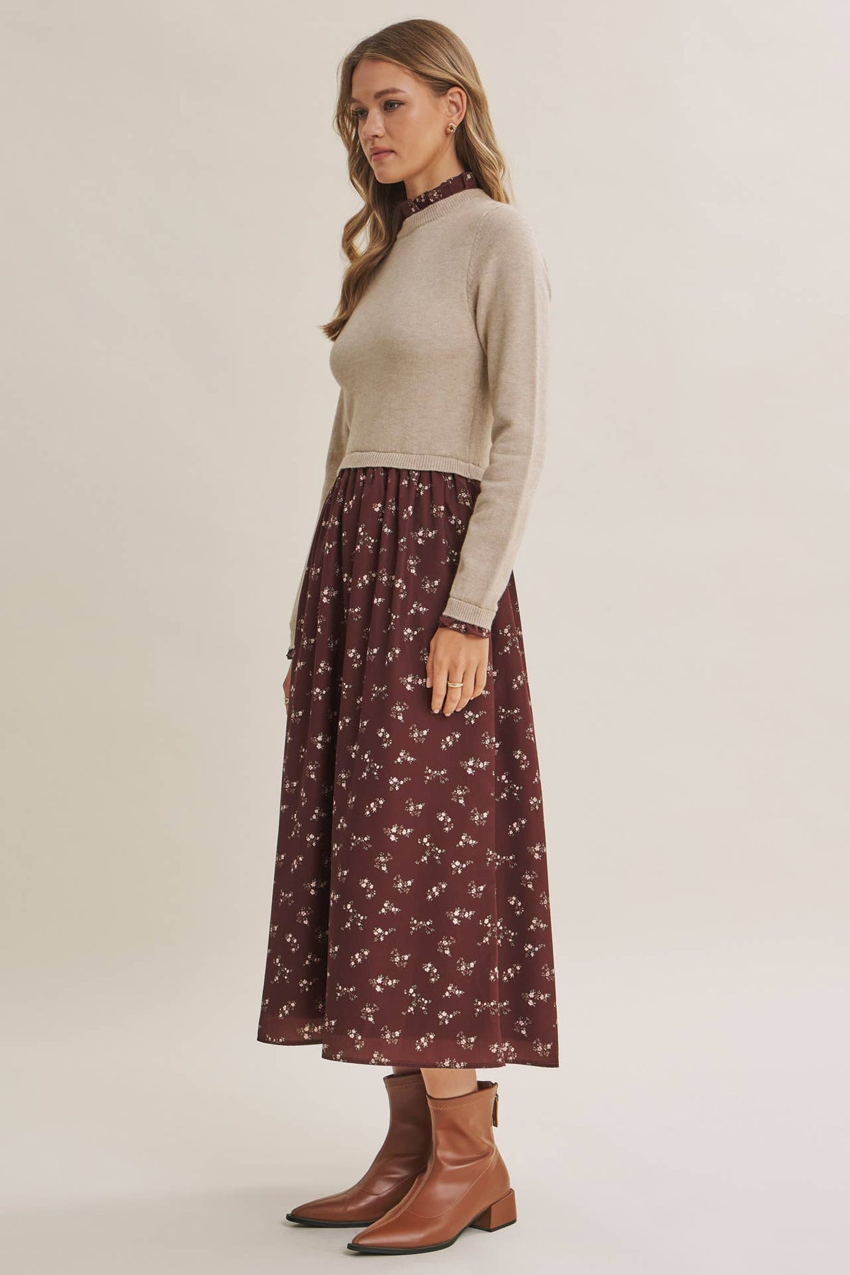 PRESSED PETALS VISCOSE BLEND SWEATER TWOFER MIDI DRESS: OATMEAL/MOCHA / M