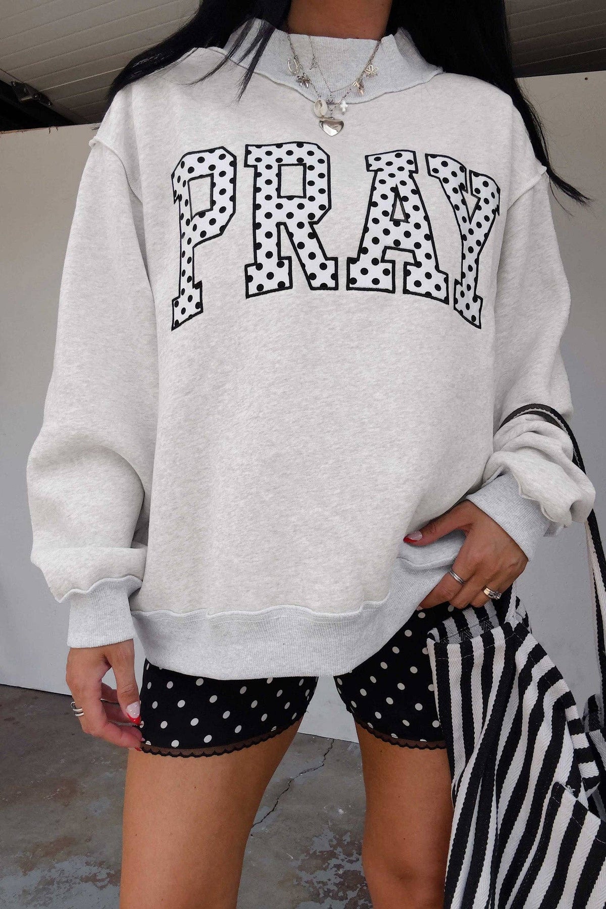 Gray PRAY Polka Dot Embroidered Mock Neck Sweatshirt: Gray / 50%Polyester+50%Cotton / S