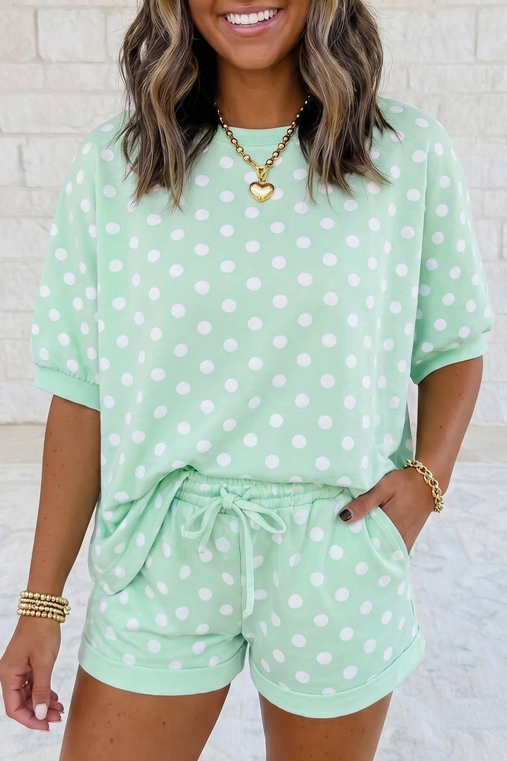 Casual Polka Dot Short Sleeve Top and Drawstring Shorts Set: Pink / XL