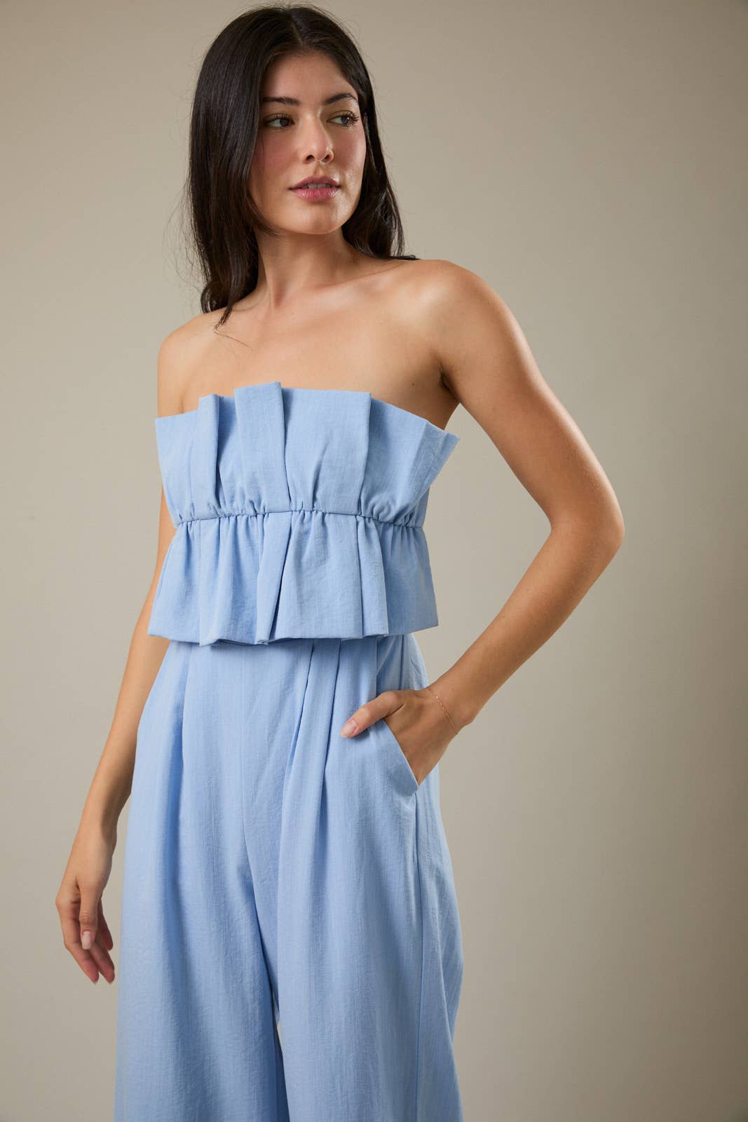 Esther RUFFLE BODICE JUMPSUIT: LT BLUE / L