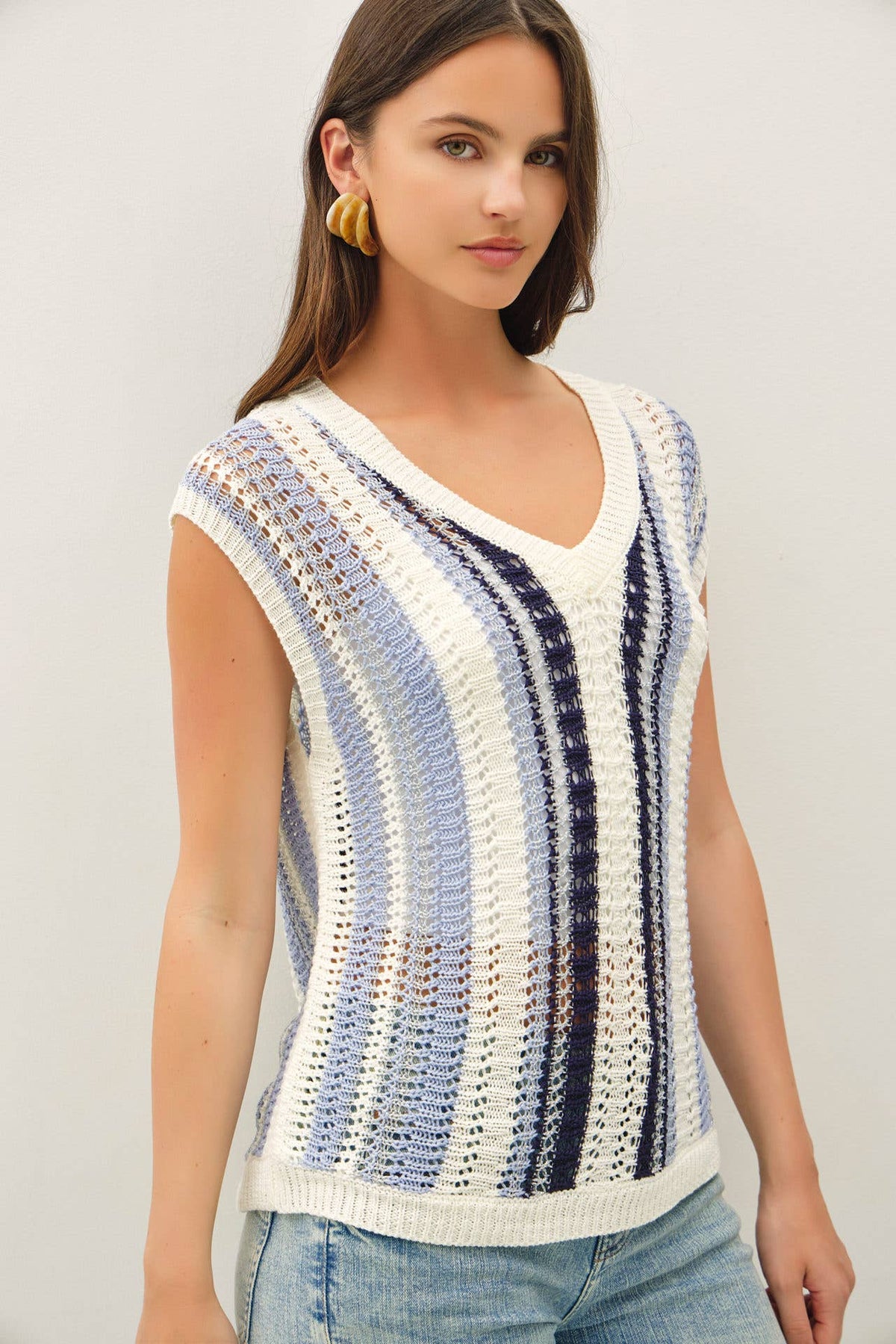 MIXED METALLIC YARN STRIPED HAND CRAFT CROCHET KNIT VEST : BURNT ORANGE / S