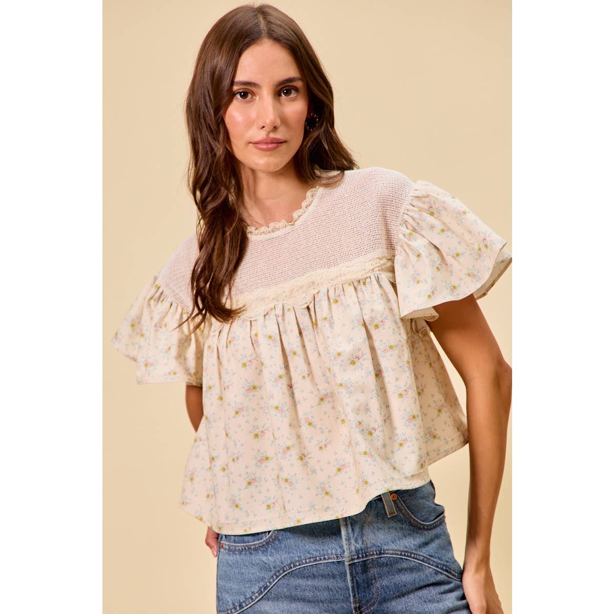Jaylene COTTON WOVEN PRINT RUFFLED BLOUSE TOP: CREAM / XL