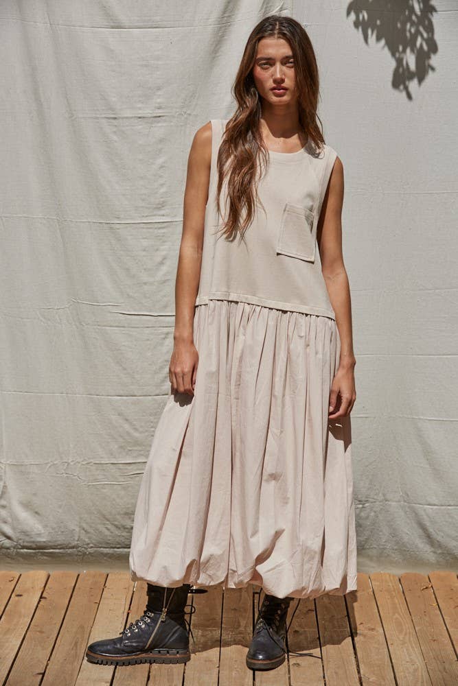 Leah Knit Cotton Drop Waist Bubble Hem Midi Dress: Light Sage / M