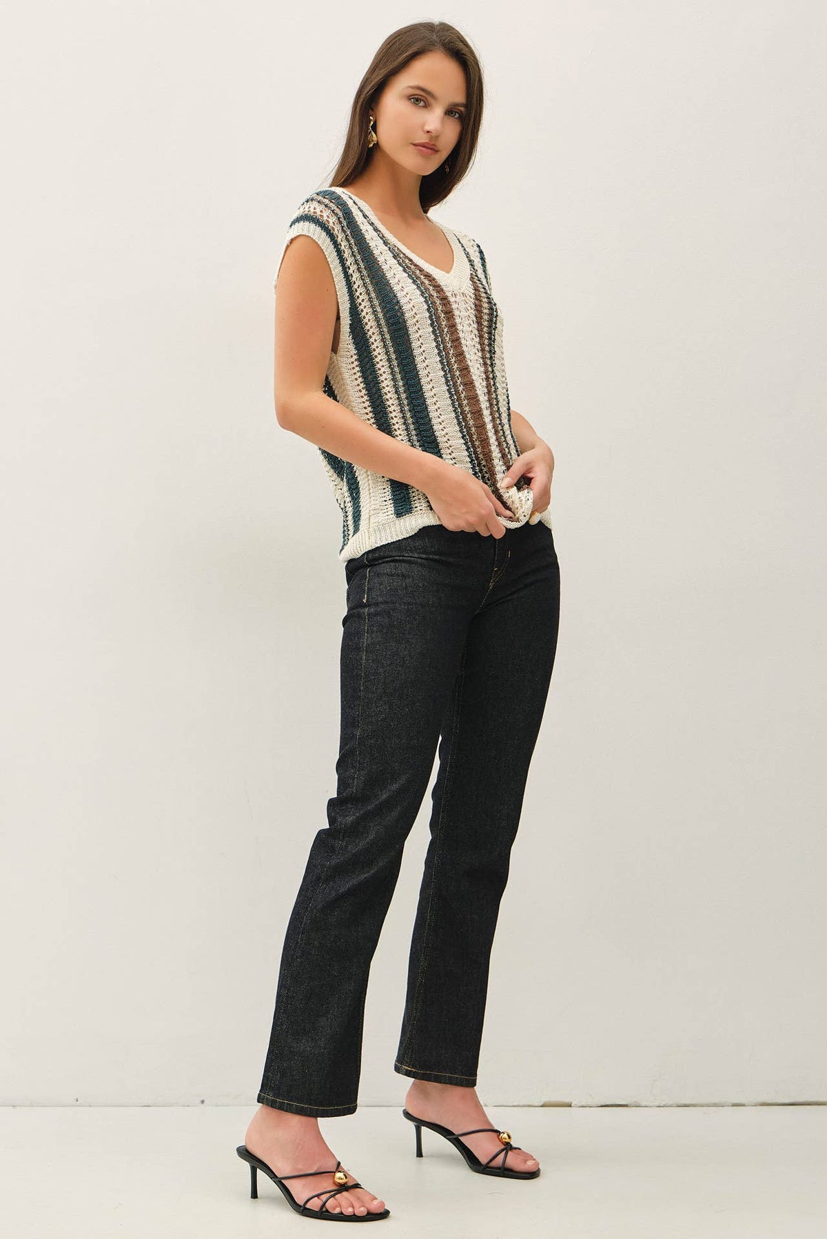 MIXED METALLIC YARN STRIPED HAND CRAFT CROCHET KNIT VEST : BURNT ORANGE / S