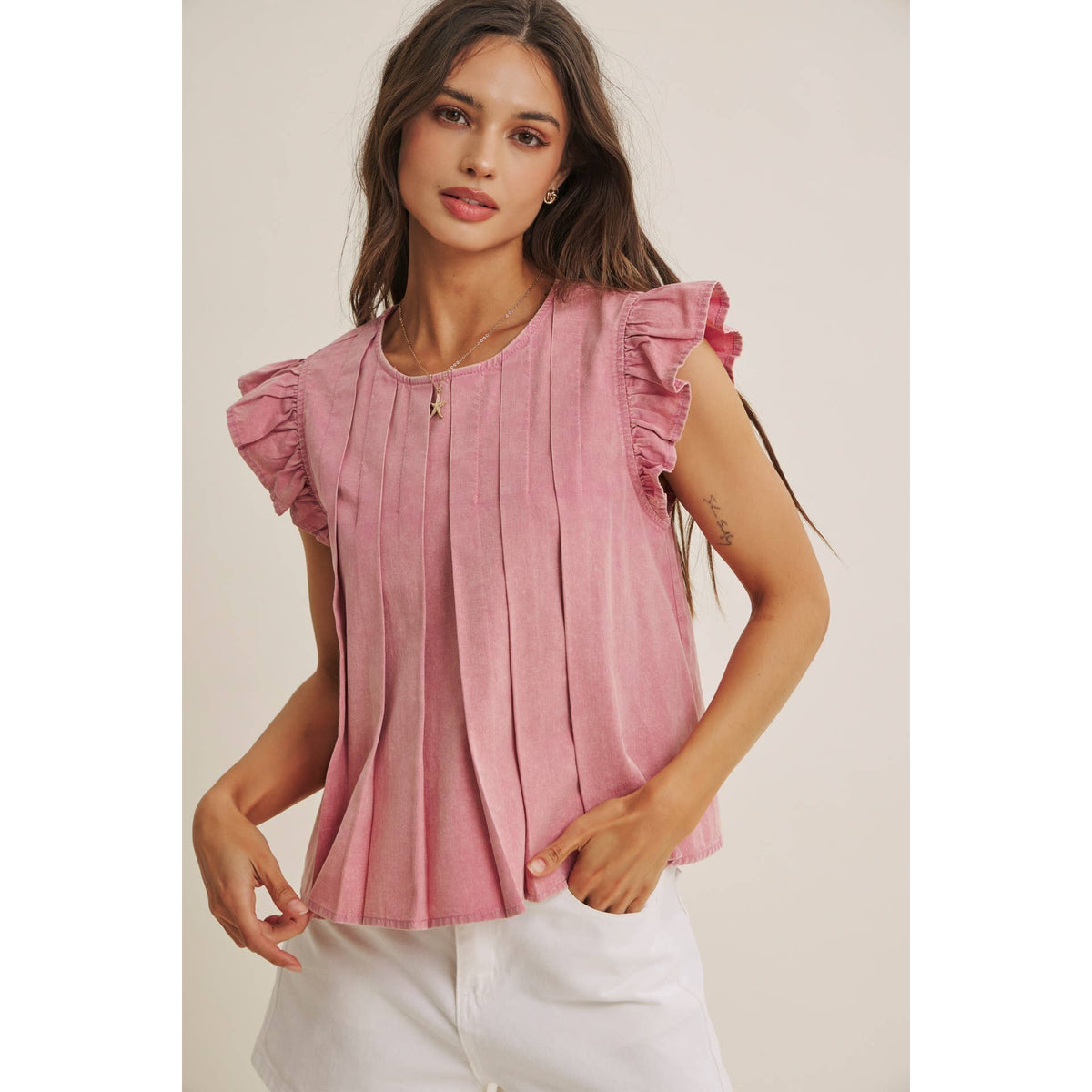 FADED GARDEN MINERAL-WASHED PLEATED BLOUSE WITH RUFFLES: RASPBERRY PINK / L