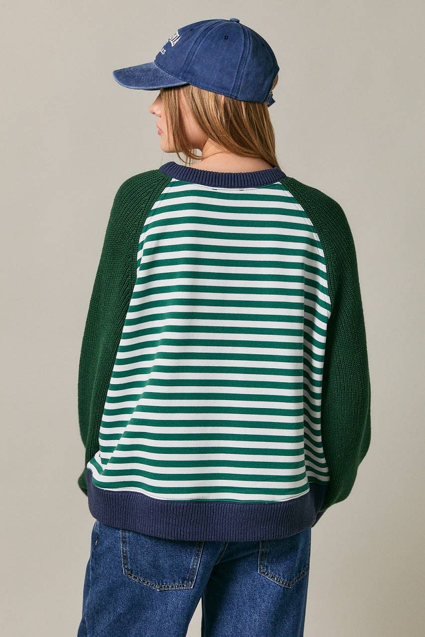 STRIPE PULLOVER WITH SWEATER SLEEVES: BROWN-NAVY STRIPE / L