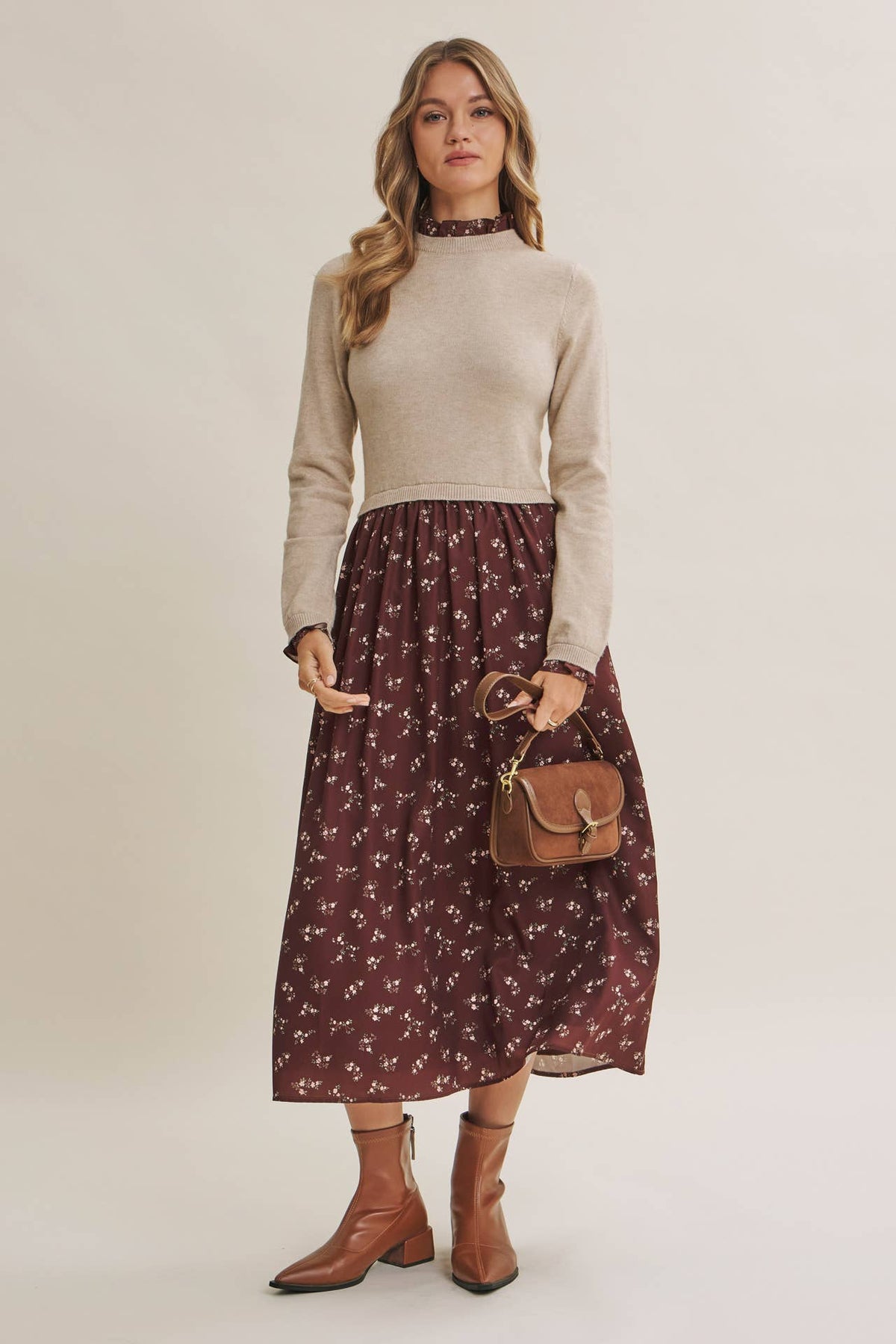 PRESSED PETALS VISCOSE BLEND SWEATER TWOFER MIDI DRESS: OATMEAL/MOCHA / M