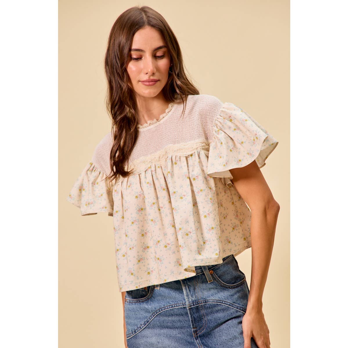 Jaylene COTTON WOVEN PRINT RUFFLED BLOUSE TOP: CREAM / M