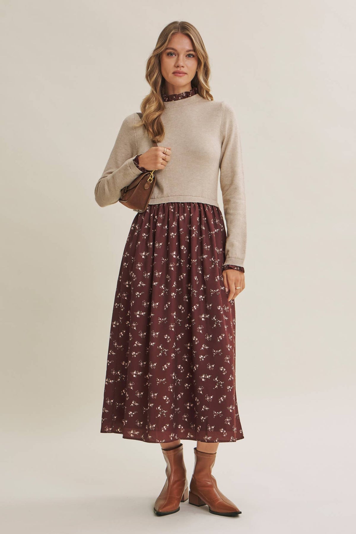 PRESSED PETALS VISCOSE BLEND SWEATER TWOFER MIDI DRESS: OATMEAL/MOCHA / S
