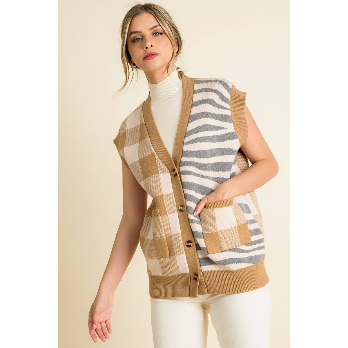 Mixed Pattern Vest: BEIGE / XS-S-M-L(1-2-2-1)
