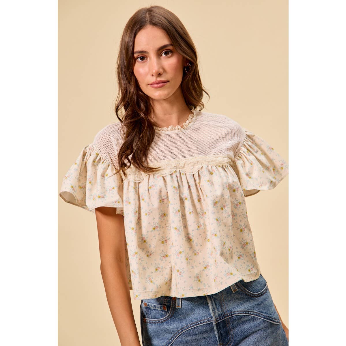 Jaylene COTTON WOVEN PRINT RUFFLED BLOUSE TOP: CREAM / XL