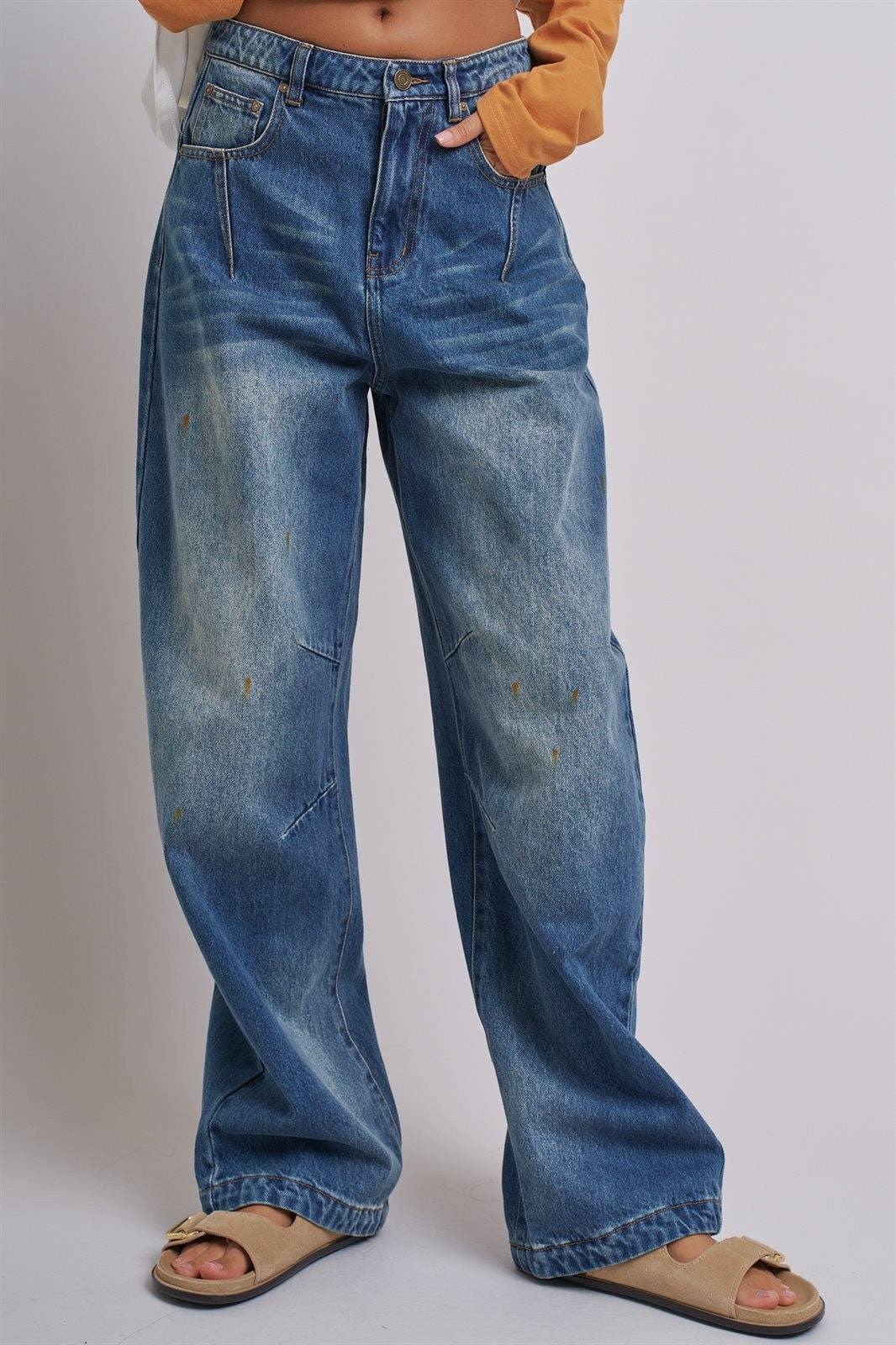 Retro Fade Wide-Leg Barrel Jeans: Denim / S-M-L