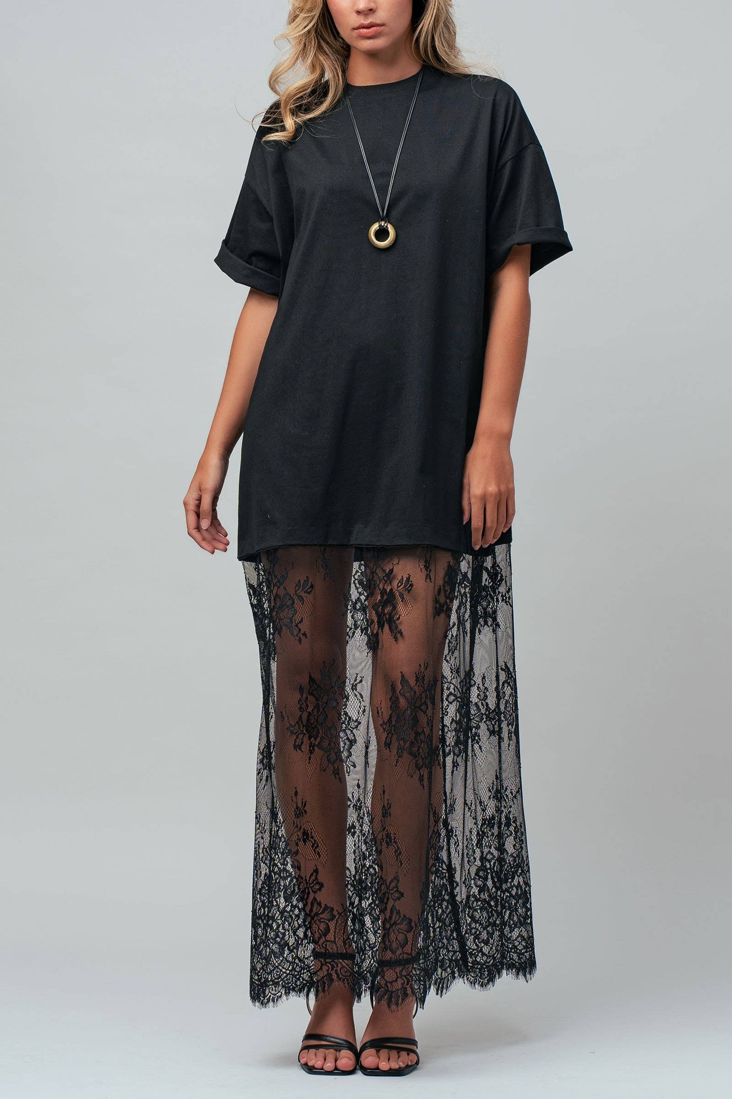Hannah T-Shirt Dress with Sheer Lace Skirt: White / S-M-L:2-2-2