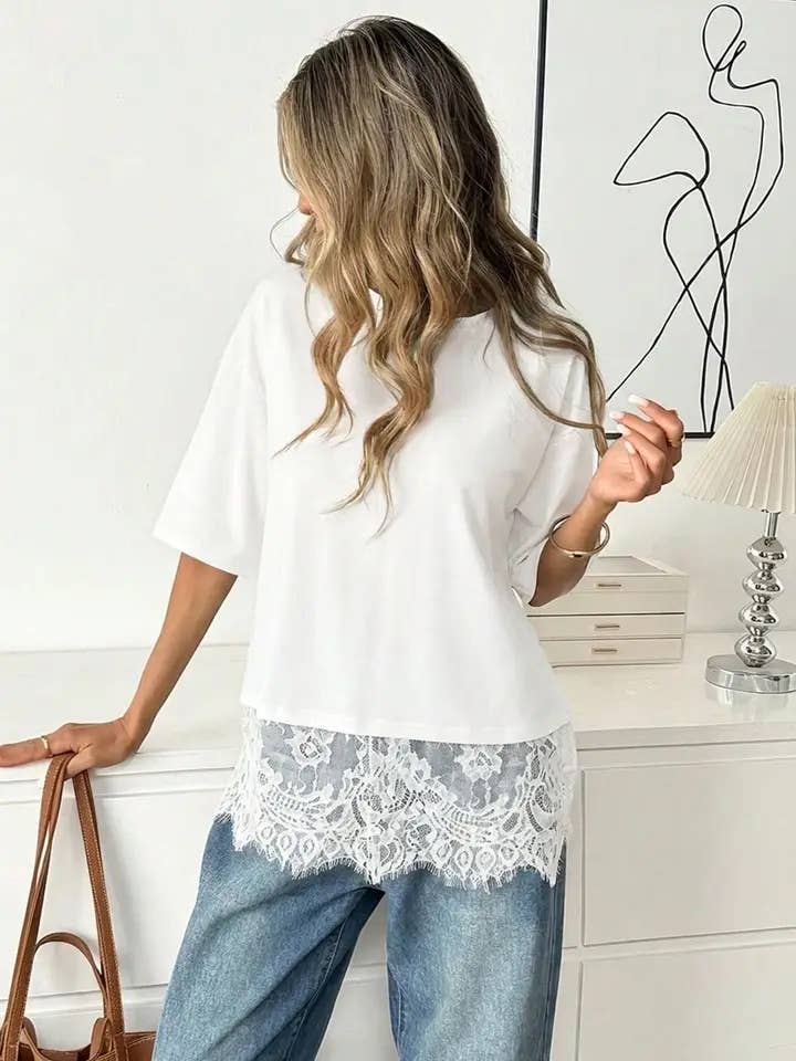 White Lace Trim Soft Lightweight Relaxed Fit Top: White / 65% Viscose 30% Polyester 5% Elastane / L