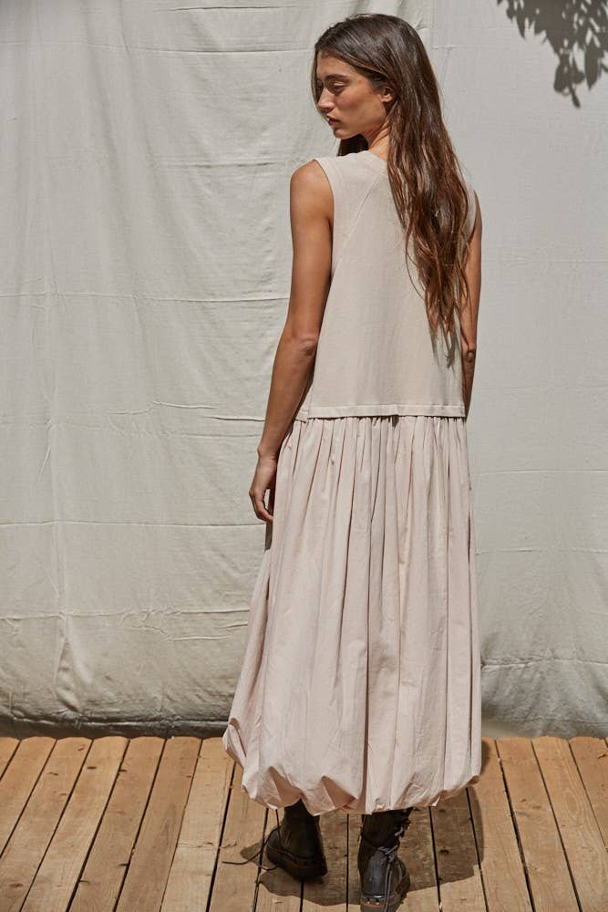 Leah | Knit Cotton Drop Waist Bubble Hem Midi Dress: Dusty Pink / M