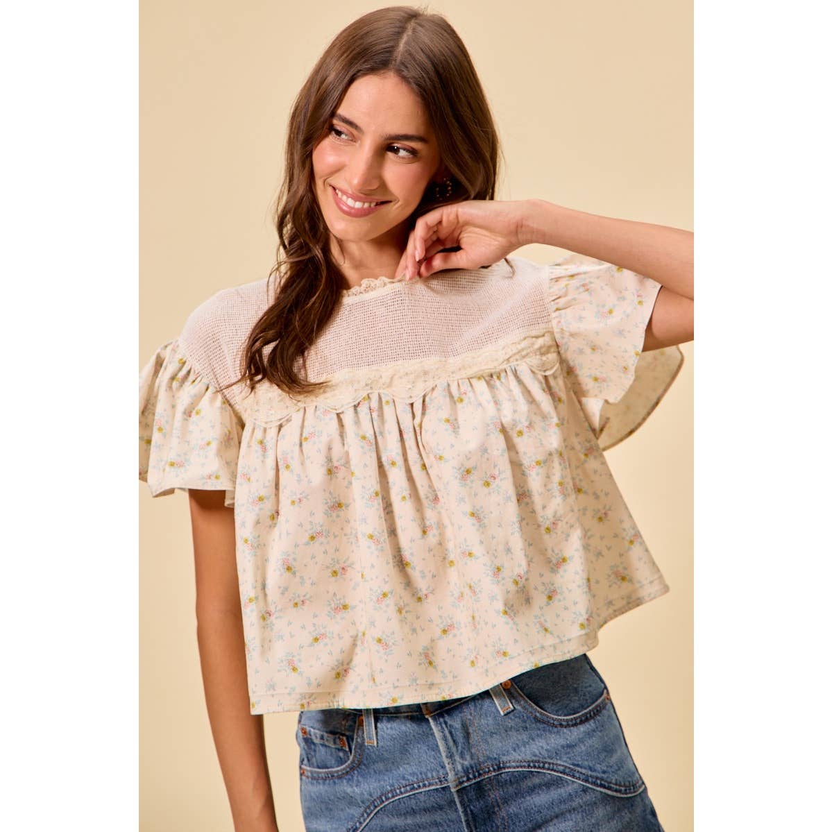 Jaylene COTTON WOVEN PRINT RUFFLED BLOUSE TOP: CREAM / L