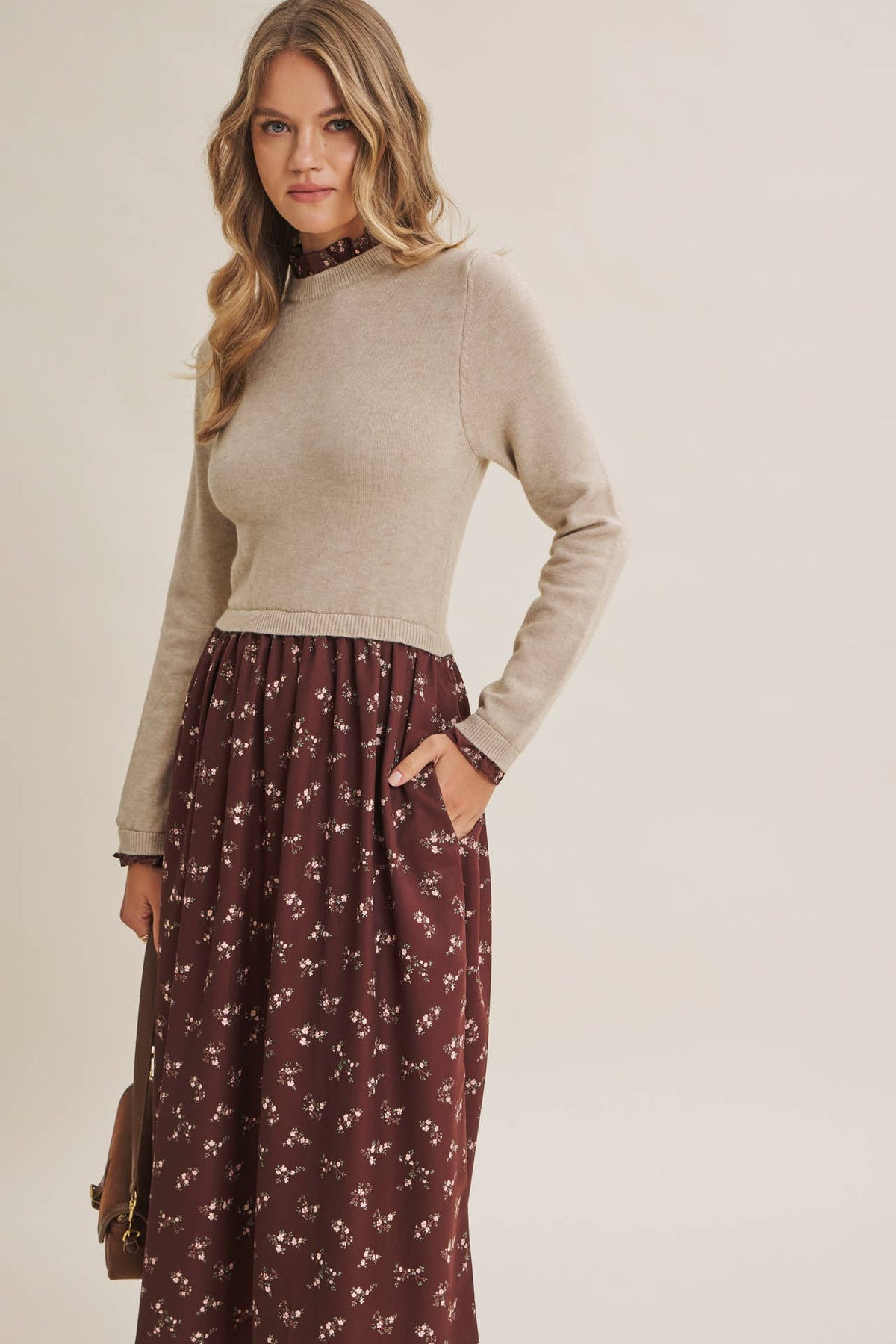 PRESSED PETALS VISCOSE BLEND SWEATER TWOFER MIDI DRESS: OATMEAL/MOCHA / S