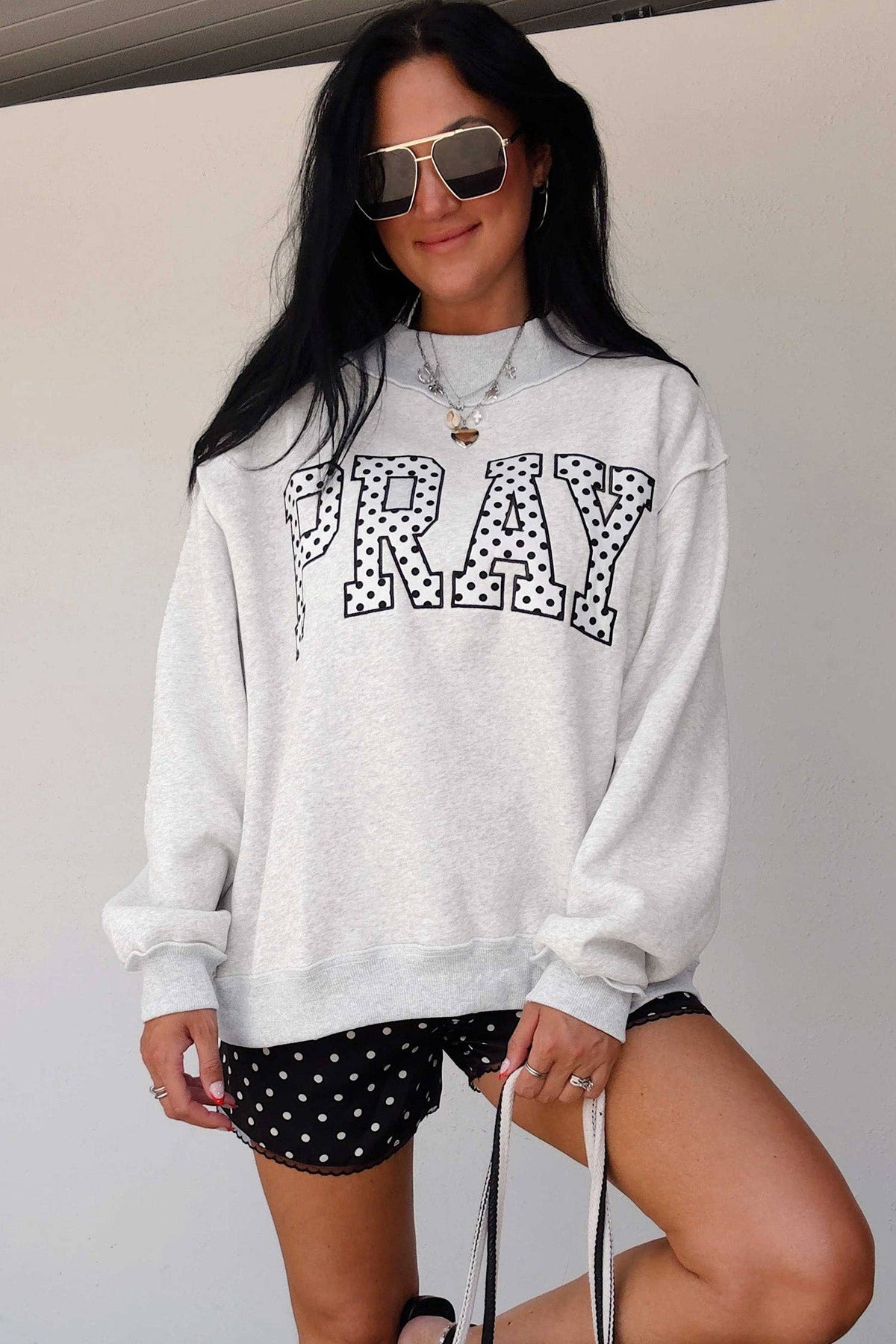 Gray PRAY Polka Dot Embroidered Mock Neck Sweatshirt: Gray / 50%Polyester+50%Cotton / S