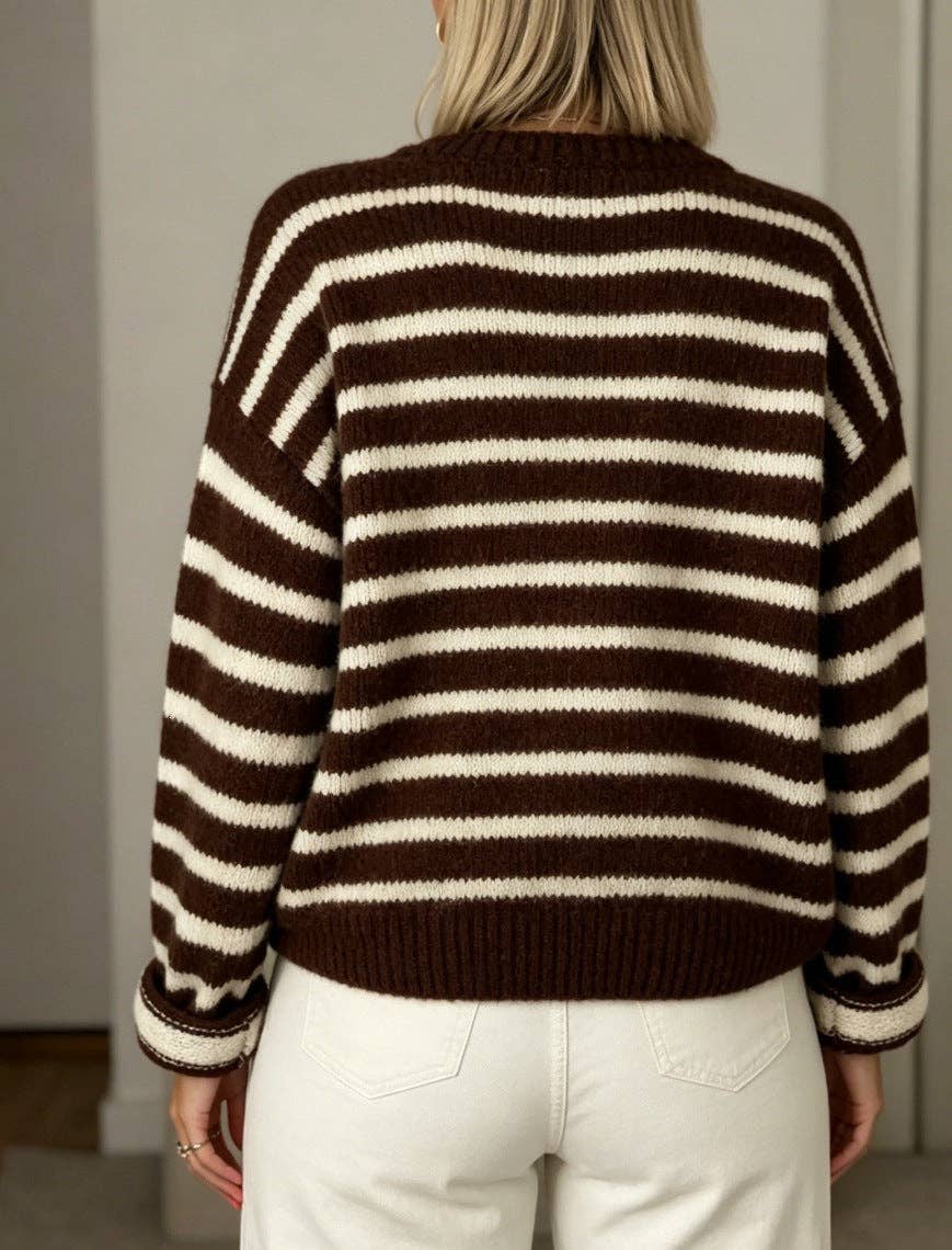 Striped Button Front Oversized Knit Cardigan: Coffee / 65%Polyester+30%Viscose   +5%Elastane / XL