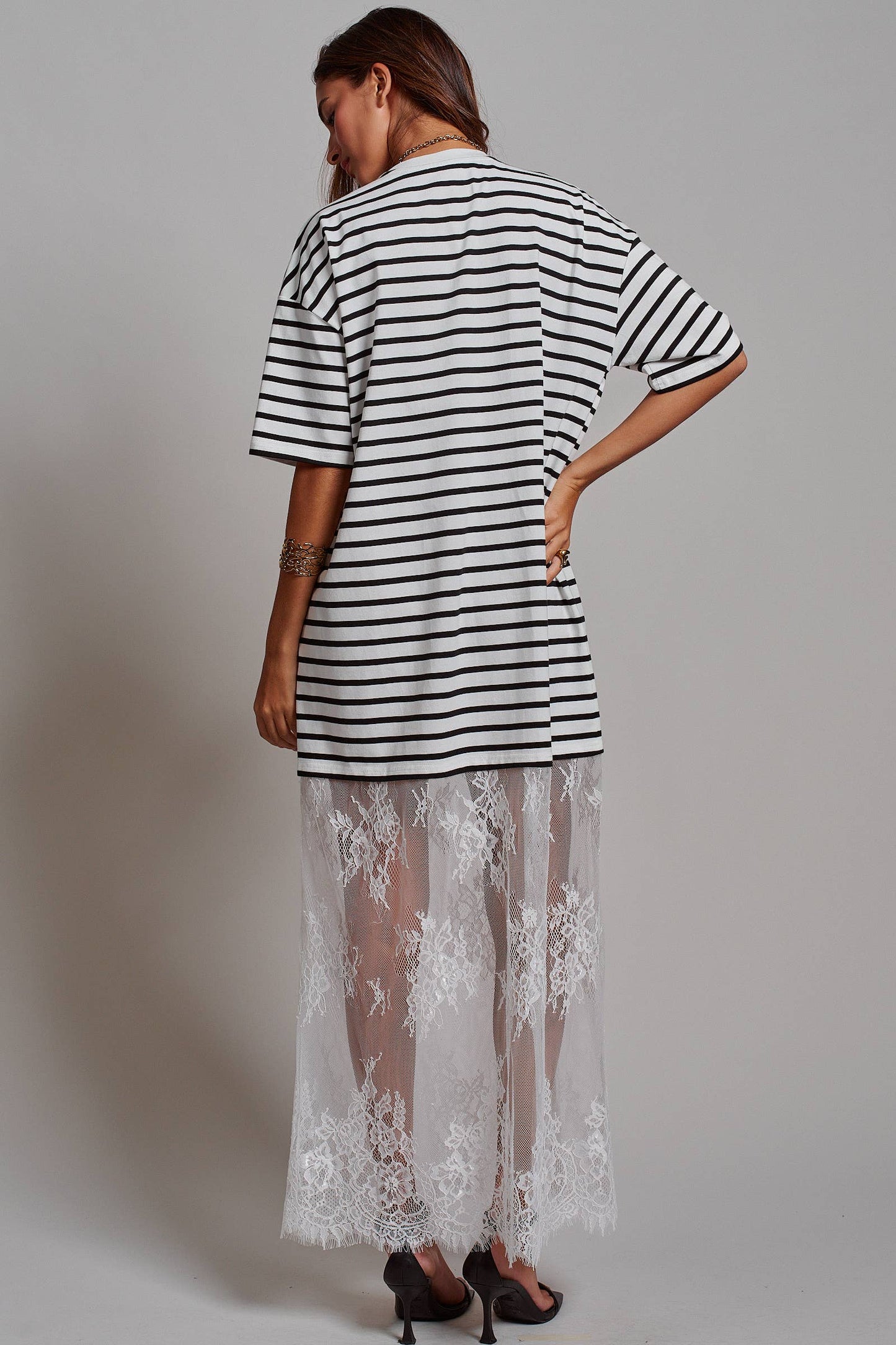Hannah T-Shirt Dress with Sheer Lace Skirt: White / S-M-L:2-2-2