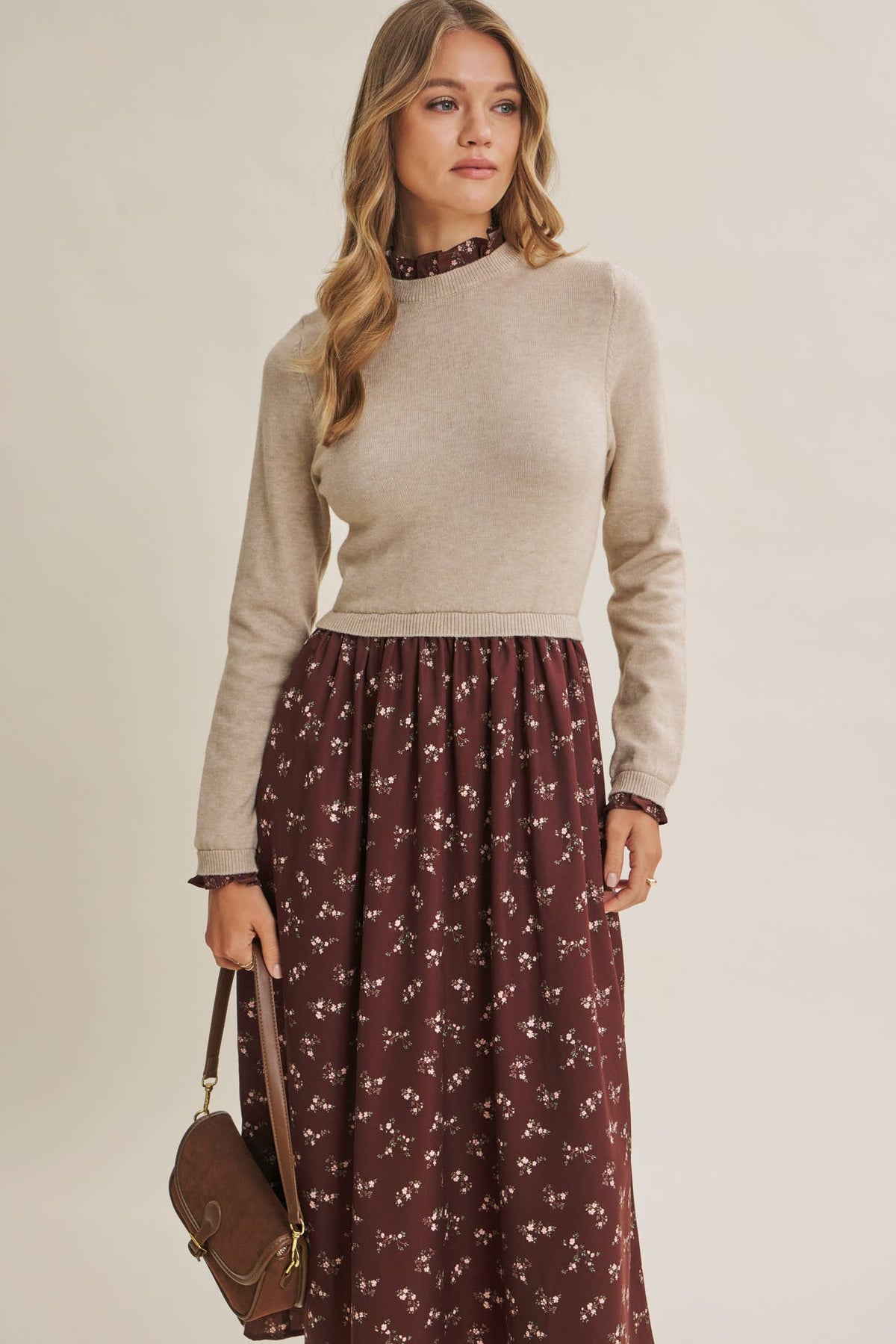 PRESSED PETALS VISCOSE BLEND SWEATER TWOFER MIDI DRESS: OATMEAL/MOCHA / L