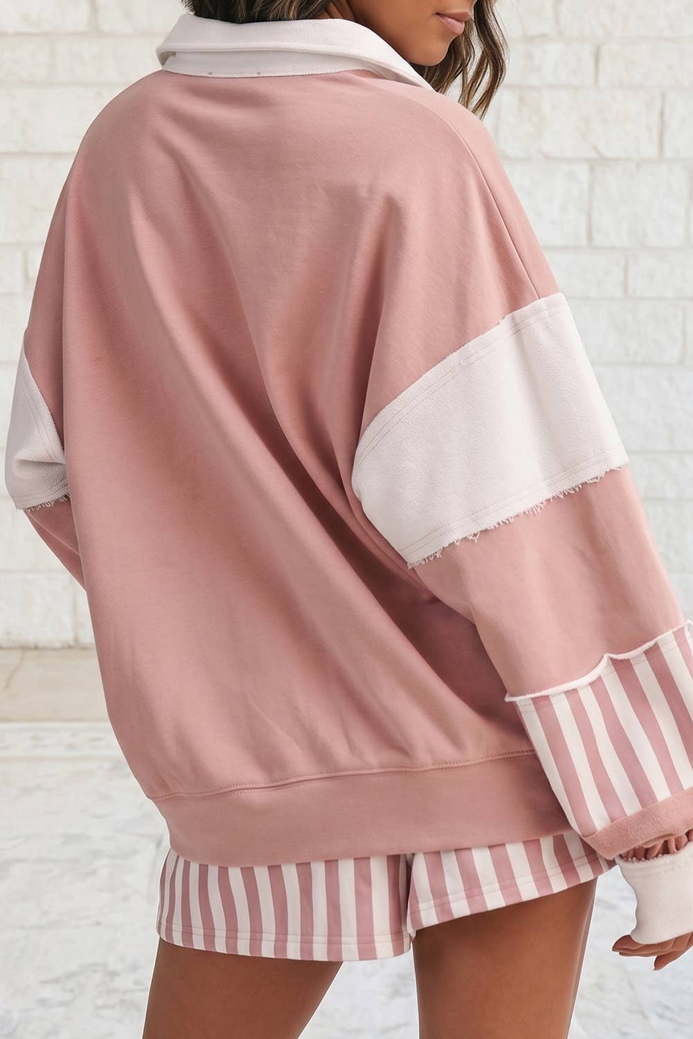 Striped Colorblock Patchwork Sweatshirt & Shorts Set S–4X: Smoke Green / S