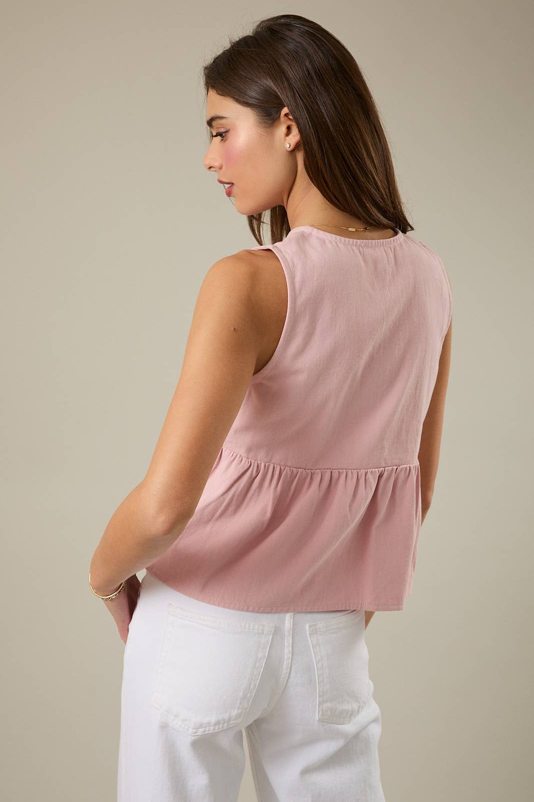 Abigail ROUND NECK SLEEVELESS FRONT BOWS TWILL TOP: Pink / M