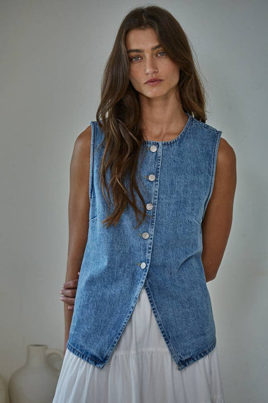 BD352 | Denim Cotton Viscose Polyester Button Down Vest Top: Medium Denim / S