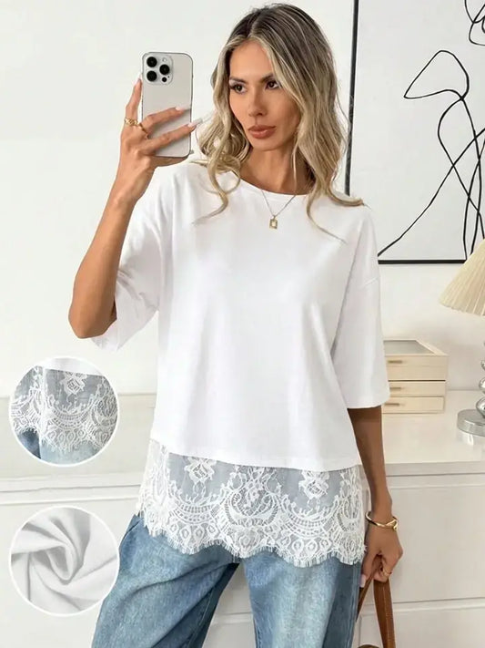 White Lace Trim Soft Lightweight Relaxed Fit Top: White / 65% Viscose 30% Polyester 5% Elastane / 2XL