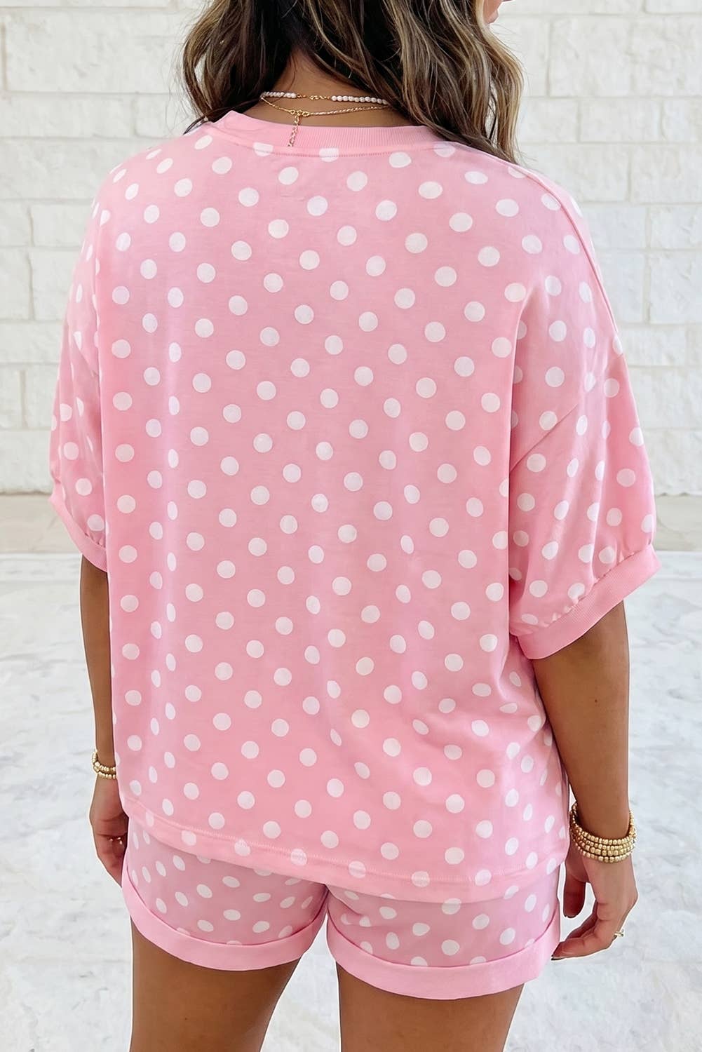 Casual Polka Dot Short Sleeve Top and Drawstring Shorts Set: Pink / L