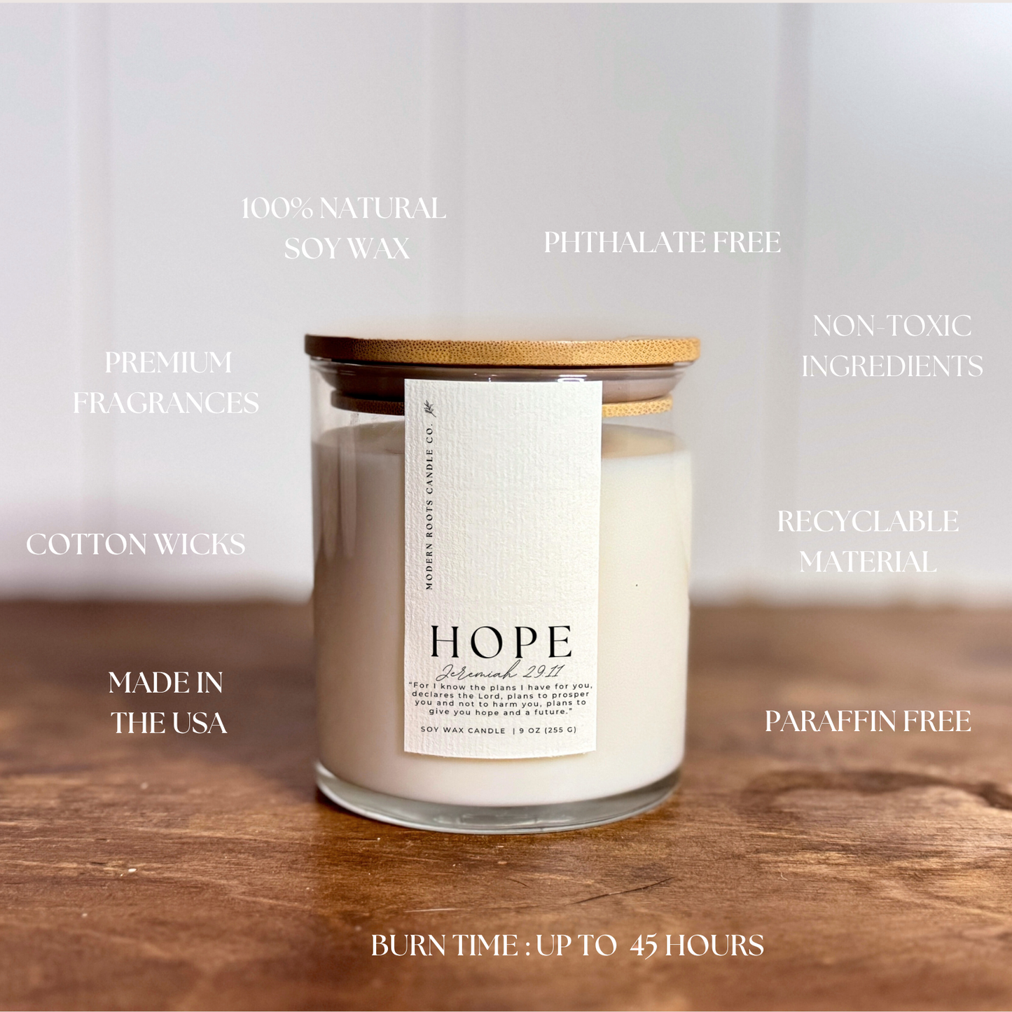 Hope |  Hibiscus & Agave | 9 oz. Clear Jar Soy Candle: Natural Wood Lid