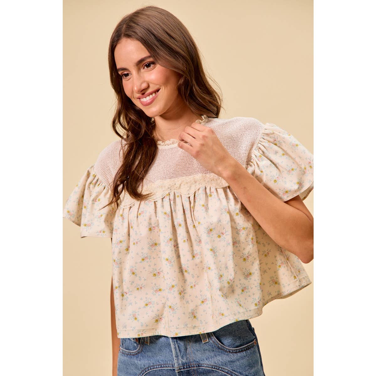 Jaylene COTTON WOVEN PRINT RUFFLED BLOUSE TOP: CREAM / L