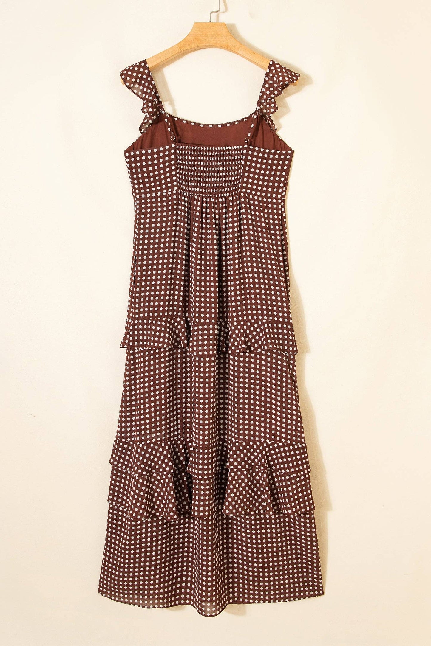 Camila Polka Dot Backless Ruffle Tiered Maxi Dress: Coffee / L