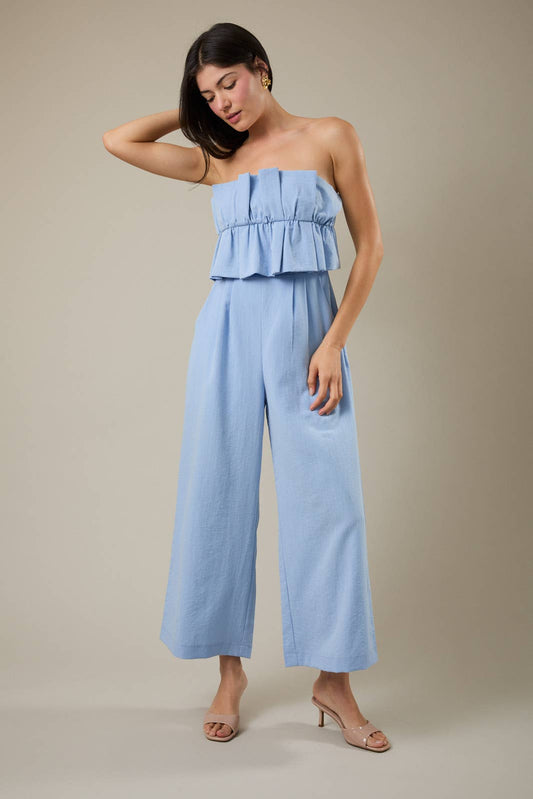 Esther RUFFLE BODICE JUMPSUIT: LT BLUE / L