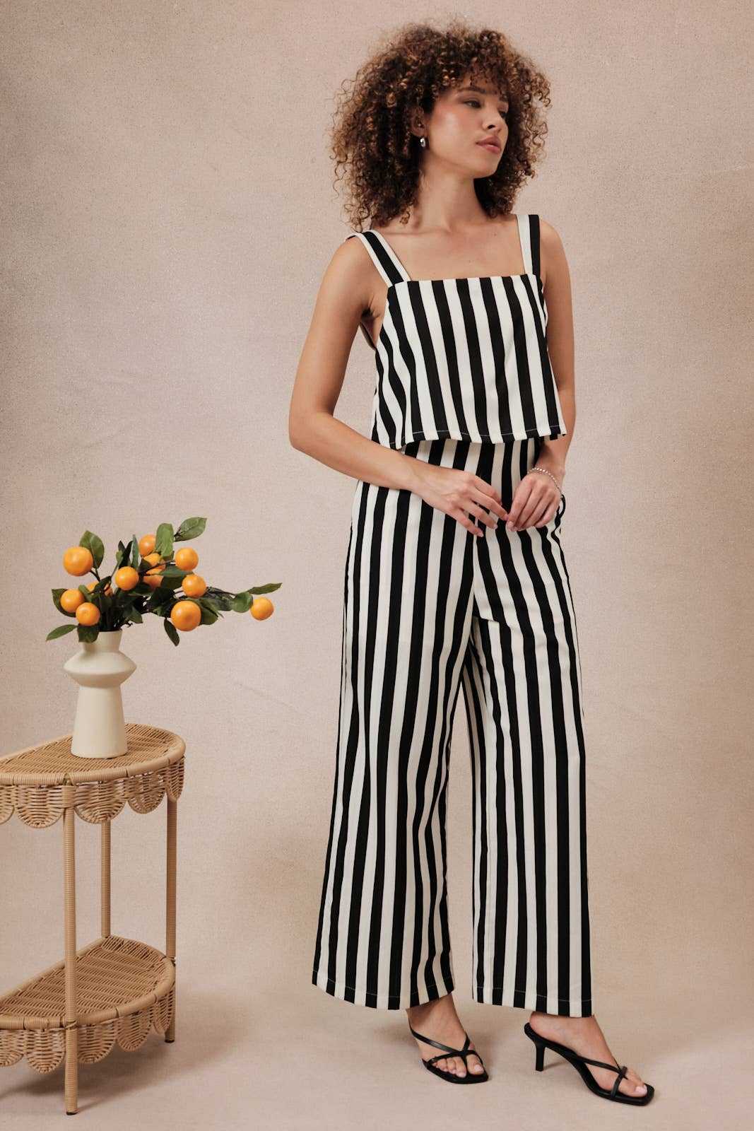 Maria SLEEVELESS STRIPE PALAZO JUMPSUIT: CREAM-BLACK STRIPE / M