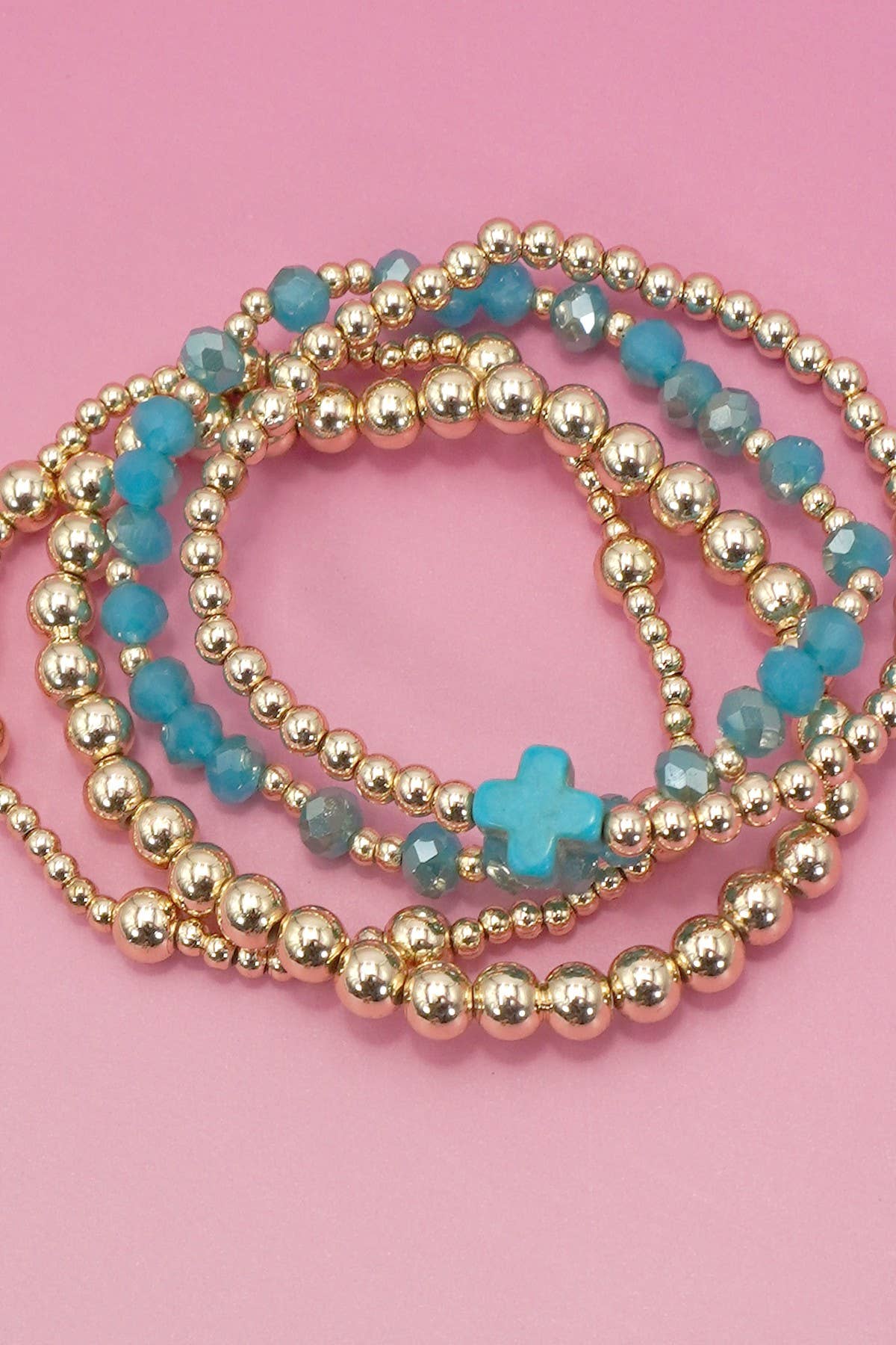 BOHO CROSS MULTI  COLORFUL BEADED STRETCH BRACELET | 40B5180: Pink
