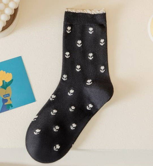 WOMAN BREATHABLE FLORAL COTTON SOCKS | 40S02067: Black