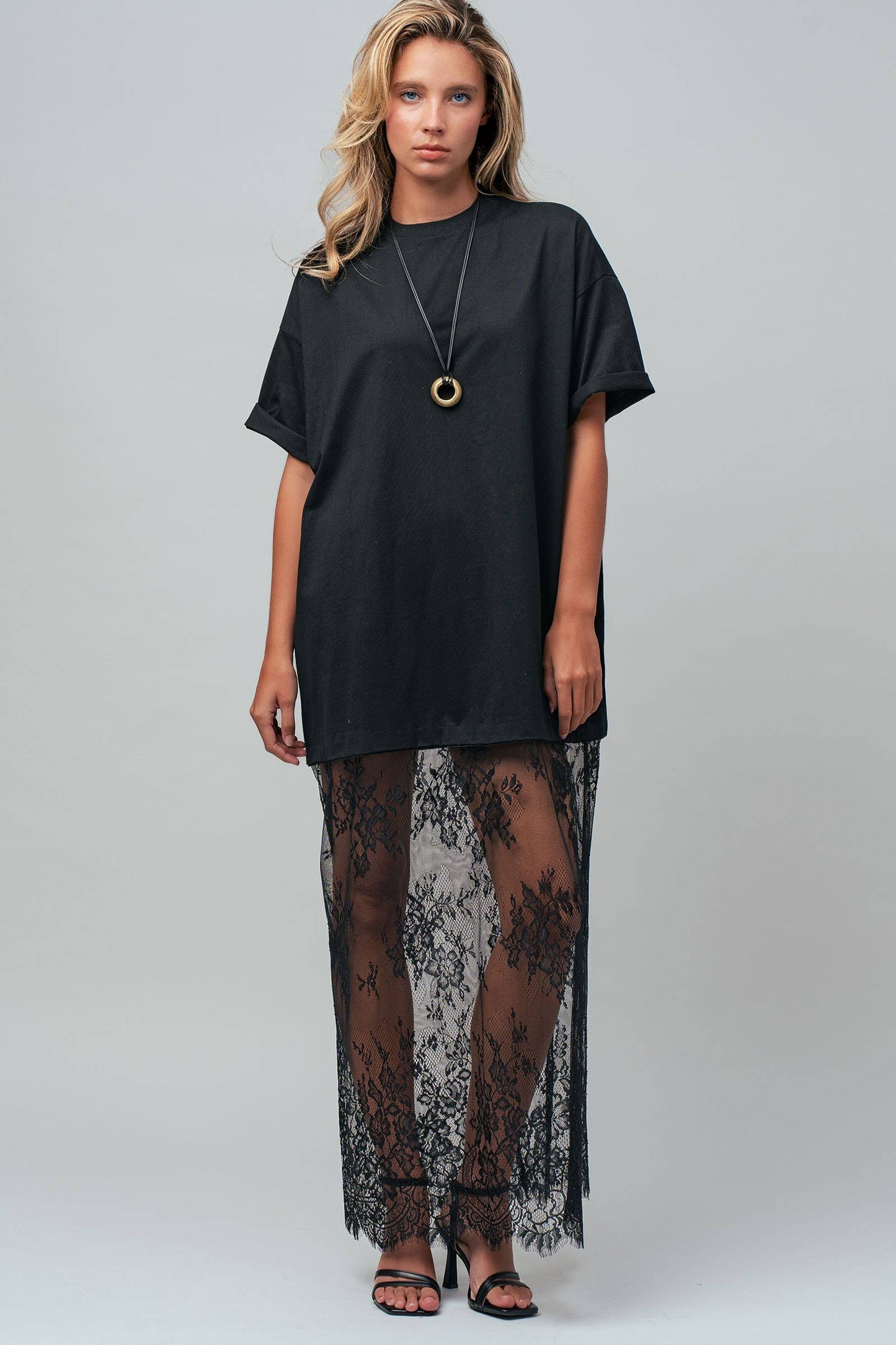Hannah T-Shirt Dress with Sheer Lace Skirt: White / S-M-L:2-2-2
