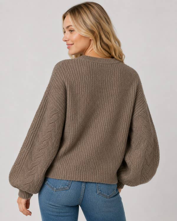 Balloon Sleeve Cable Knit Sweater- CC3469-R: Mocha / SM