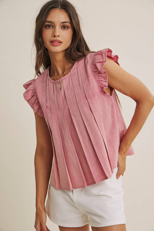 FADED GARDEN MINERAL-WASHED PLEATED BLOUSE WITH RUFFLES: RASPBERRY PINK / S